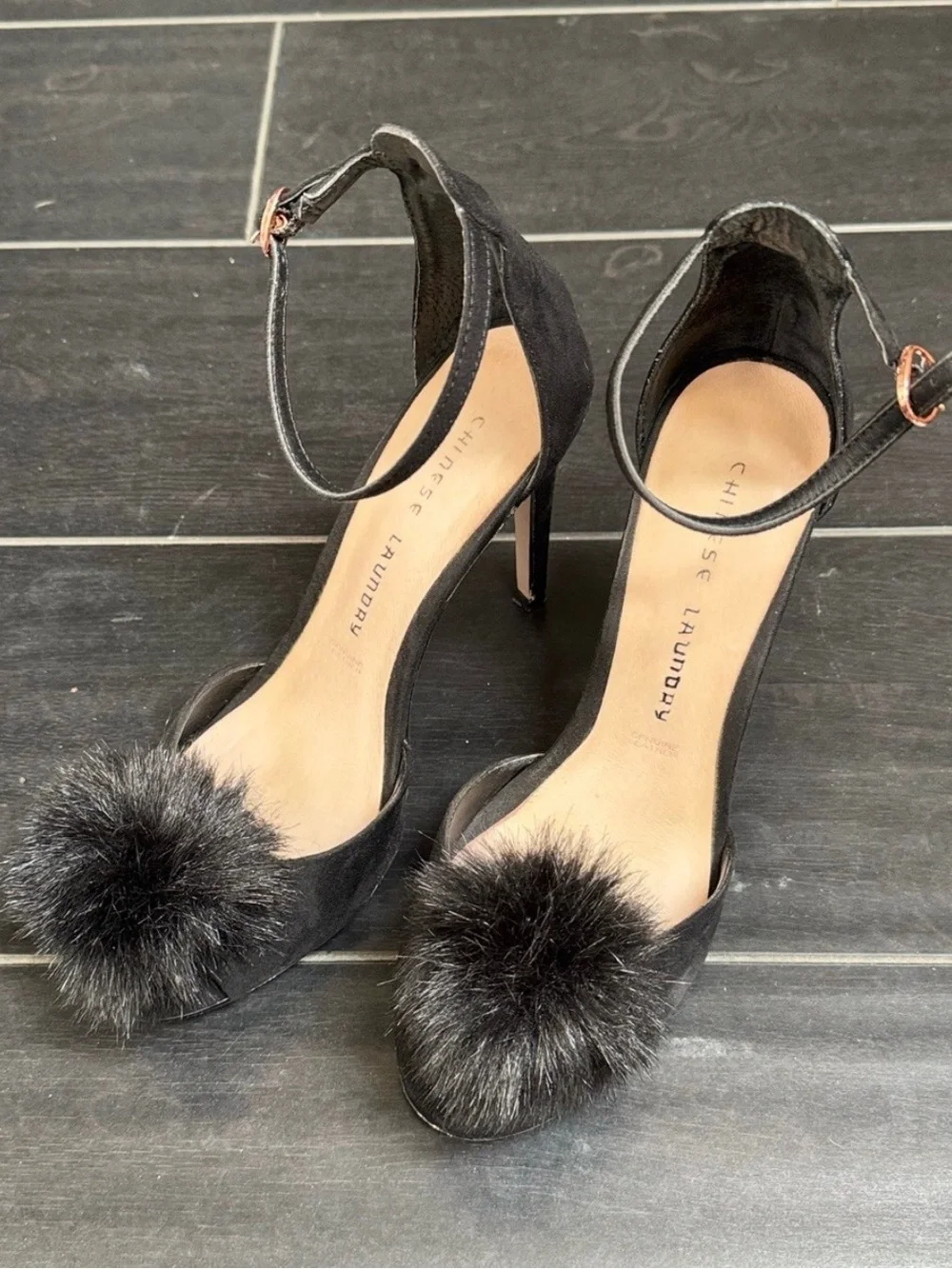 Chinese Laundry Black Ankle-Strap Heels with Pom-Pom